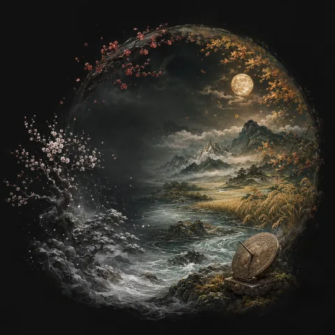 Seasonal mountain landscape under a moon