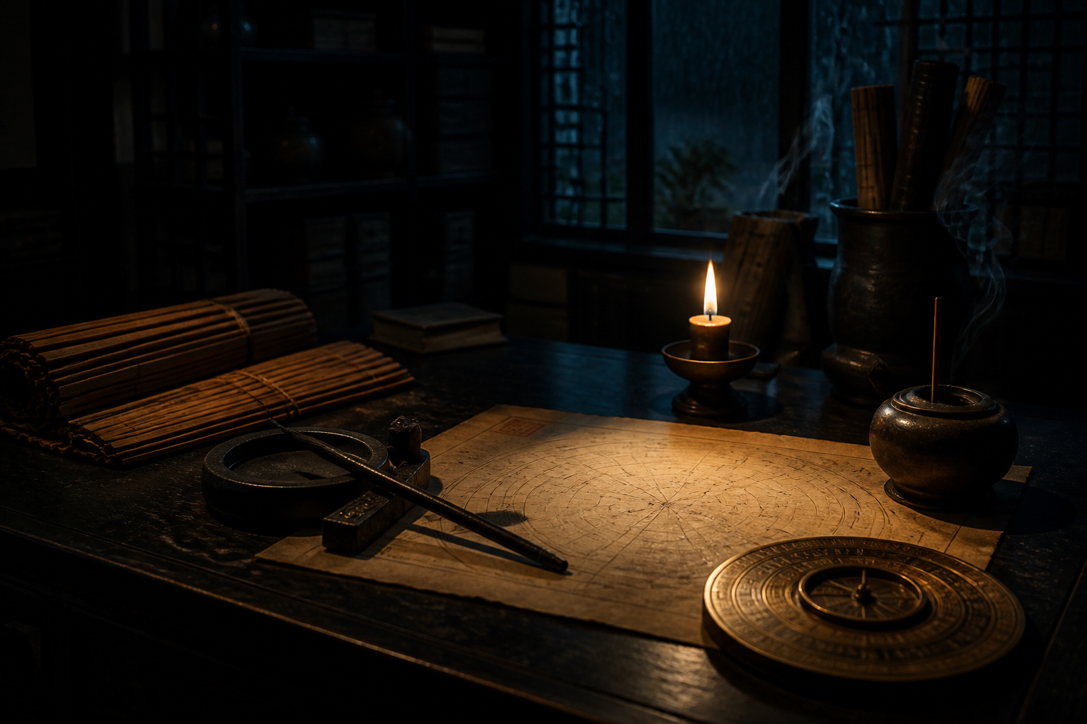 A candlelit scholar's table with chart, compass and bamboo slips
